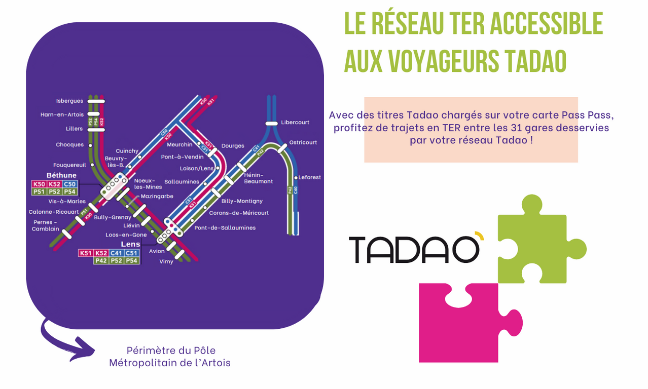 Le réseau TER accessible aux voyageurs Tadao. Avec des titres Artis chargés sur votre carte Pass Pass, profitez de trajets en TER entre les 31 gares desservies par votre réseau Tadao.
